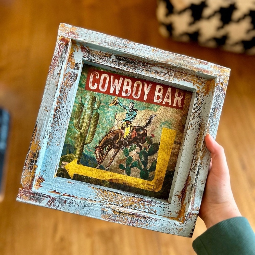 Distressed Rustic Cowboy Bar Picture with Bucking Cowboy
10”x10”